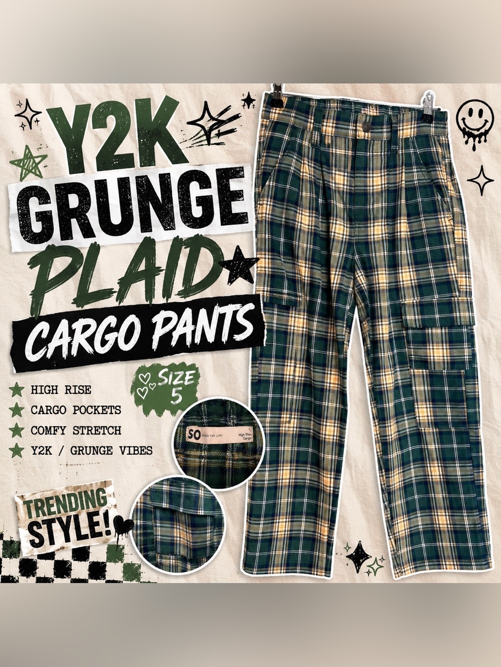 SO High Rise Plaid Cargo Pants Size 5 Green Grunge Y2K Wide Leg